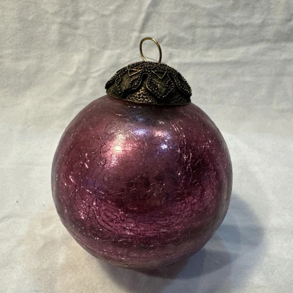 Antique GERMAN KUGEL Ornament Bulb HEAVY Pink Crackle Mercury Glass Brass Cap 3